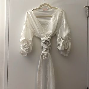 FARROW White Cropped Wrap Top With Ruched Sleeve US L